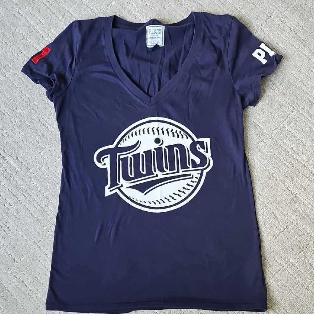 PINK Victoria's Secret Blue Fitted TWINS Short Sleeve T-Shirt